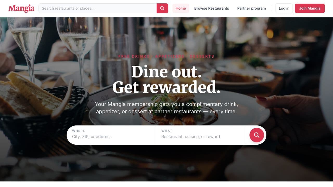 Mangia Rewards live website homepage